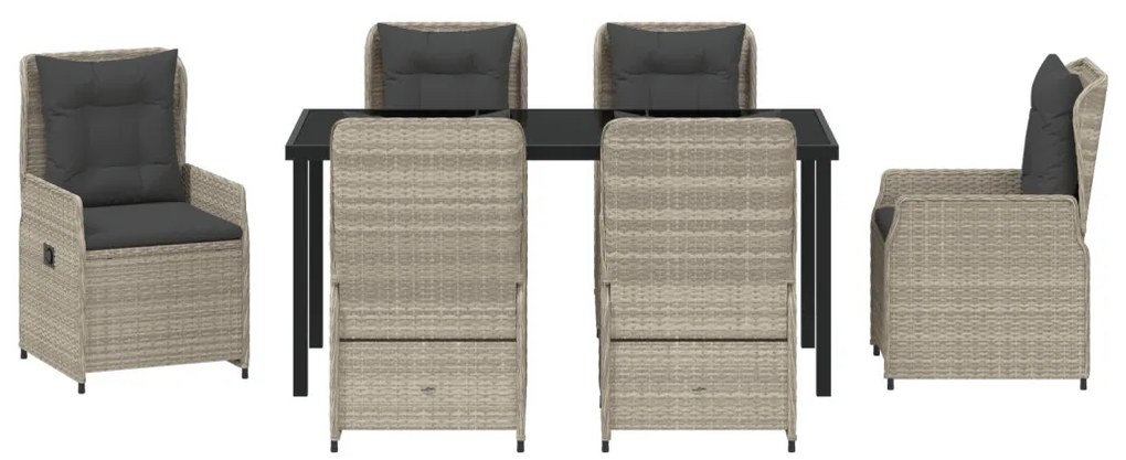 7 Darabos Kerti Étkező Szett Világosszürke Polirattan, Kerti Asztal Fekete 160x80x73 cm Edzett Üveg