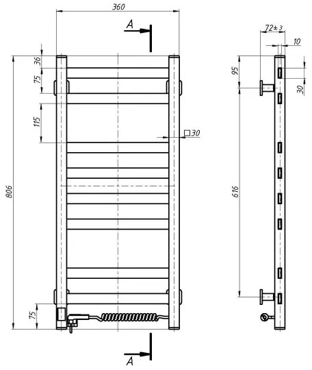 AVANGARD fürdőszobai törölközőszárító termosztáttal, 251 W/230 V, 80,6 cm, IP44, fehér, jobb oldali