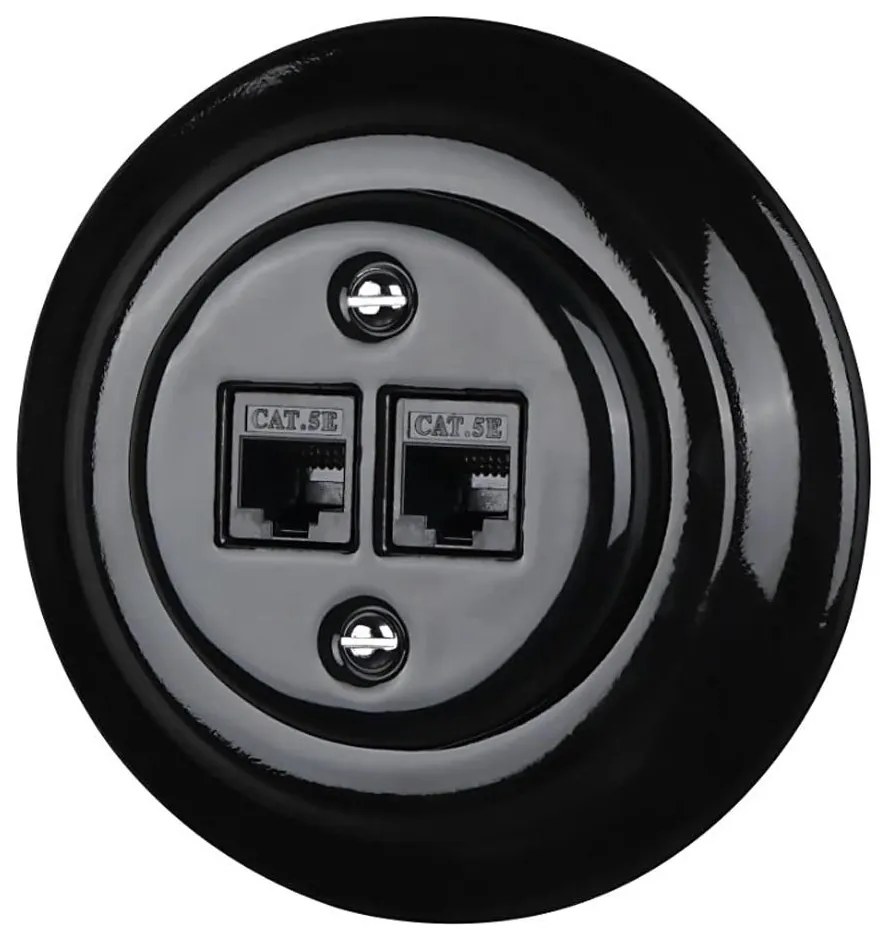 Bohemia-Design - Porcelán retro Ethernet csatlakozó kerettel, 2× CAT5e, fekete