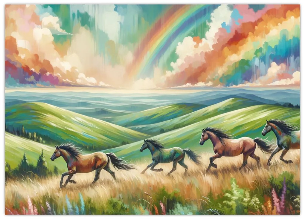 Üveg kép – Vágtázó lovak a tájban (70x50 cm)