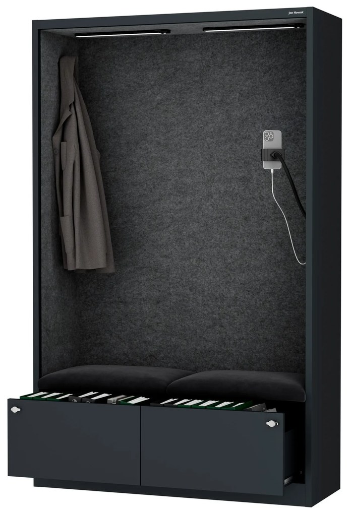 Irodai hangszigetelő fülke ülőkével és USB-C csatlakozóval, antracit színű váz / sötétszürke ülőke, 1150 mm: SALLY MentalBox