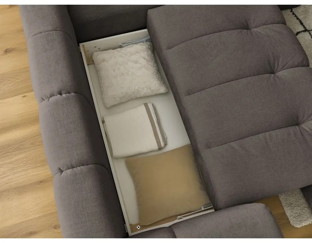 Szürkésbarna kinyitható-tárolóhelyes sarokkanapé (jobb oldali-L alakú) Fuji – Bobochic Paris