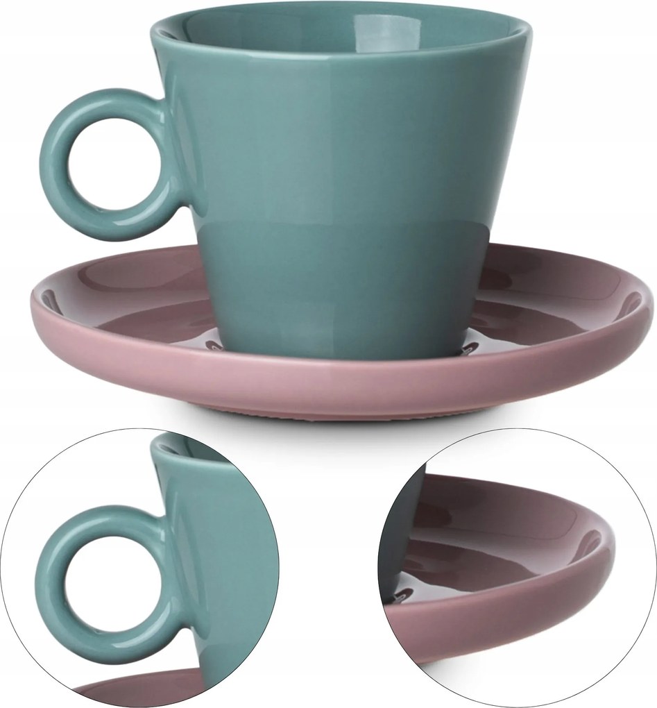 Kávéscsésze eszpresszó cappuccino 200ml türkiz rózsaszín csészealjjal