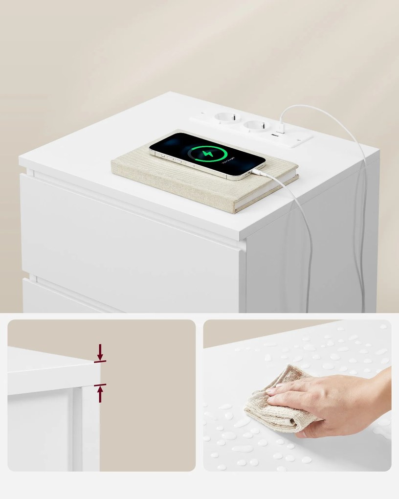 Éjjeliszekrény, oldalasztal 3 fiókkal, 2 ac aljzattal és 2 usb porttal, fehér