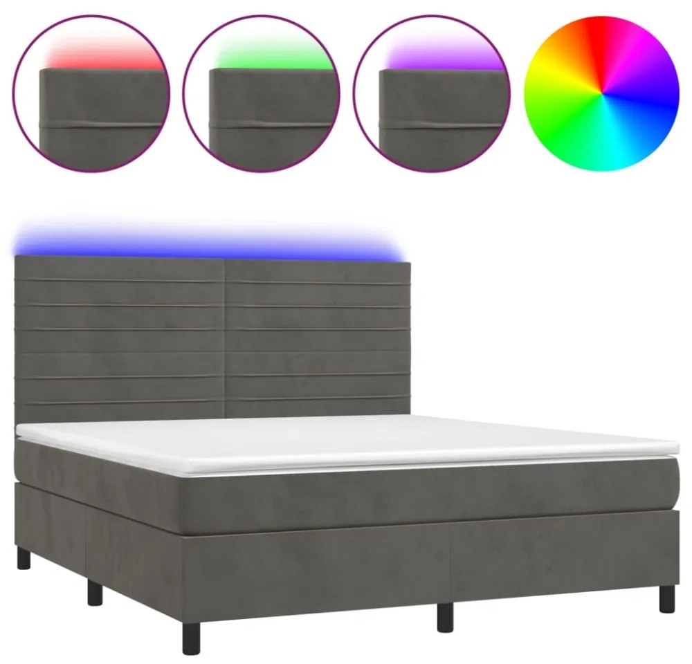 sötétszürke bársony rugós és LED-es ágy matraccal 160x200 cm