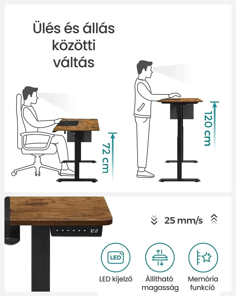 Állítható magasságú elektromos íróasztal 140 x 60 cm, vintage barna/fekete