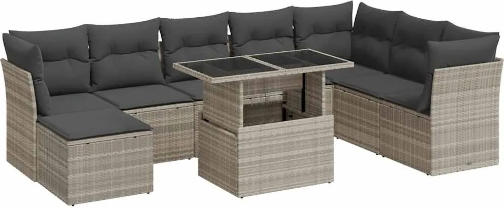 vidaXL 9 részes világosszürke polyrattan kerti ülőgarnitúra párnával