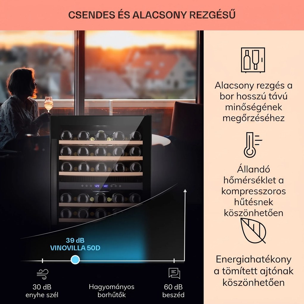 Klarstein Vinovilla 50 Duo kétszintes borhűtő 53 l, 17 palack, háromszínű üvegajtó