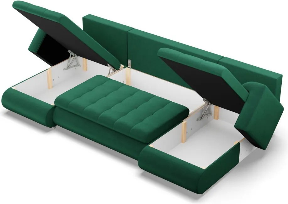 Tokio U alakú sarokkanapé, 3 ágyneműtartóval, bársony, univerzális oldal, zöld