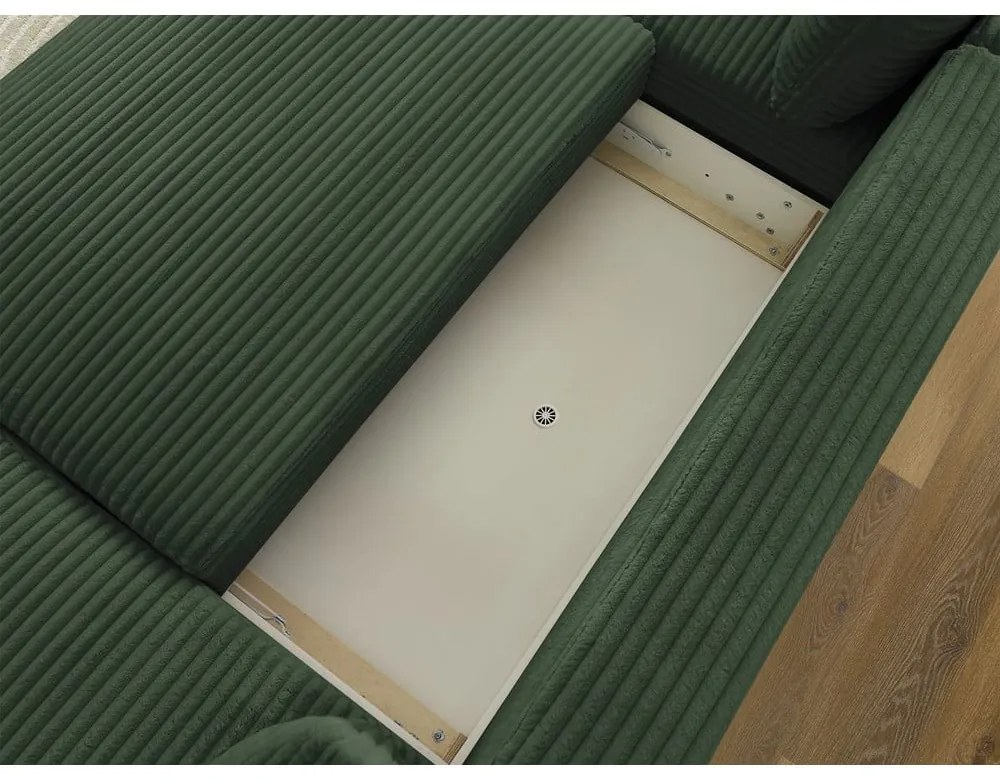 Sötétzöld kordbársony kinyitható sarokkanapé (bal oldali-U alakú) Lucien – Bobochic Paris