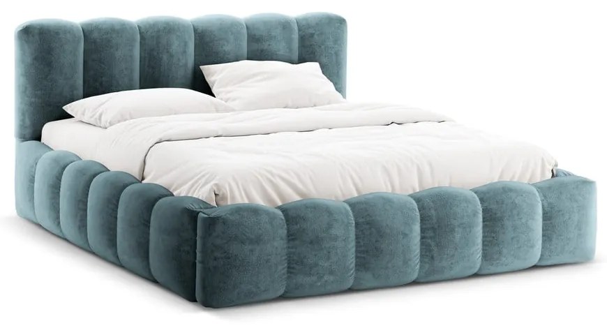Kék kárpitozott ágyneműtartós franciaágy ágyráccsal 200x200 cm Lupine – Micadoni Home