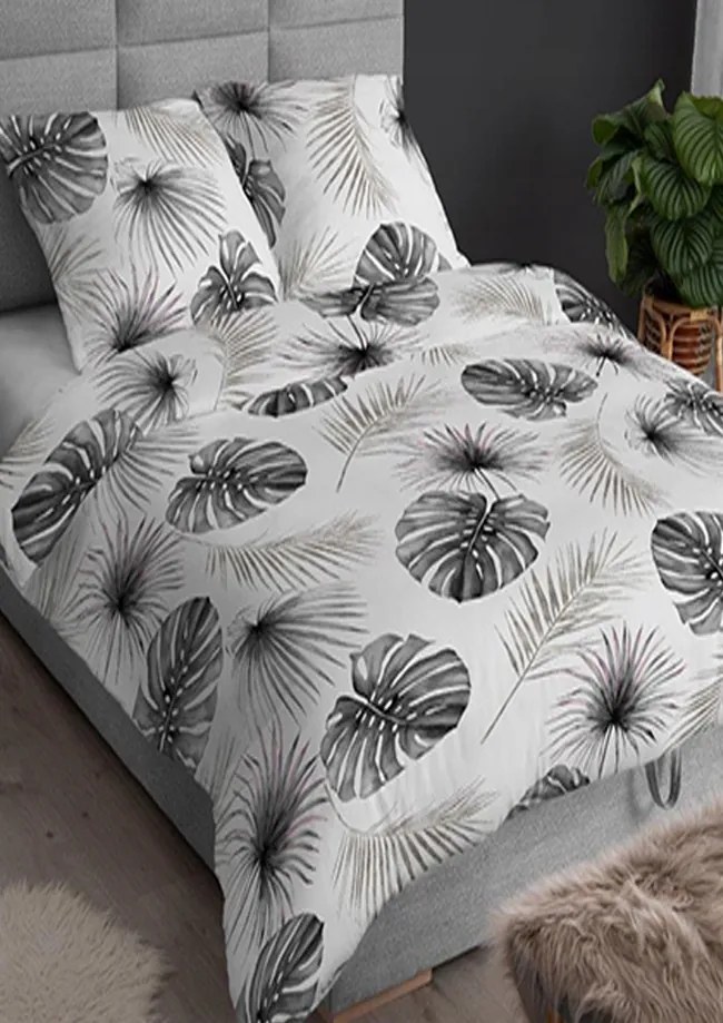 Pamut szatén ágyneműhuzat 140x200 +70x90 Dracena levelek szürke 4436 B