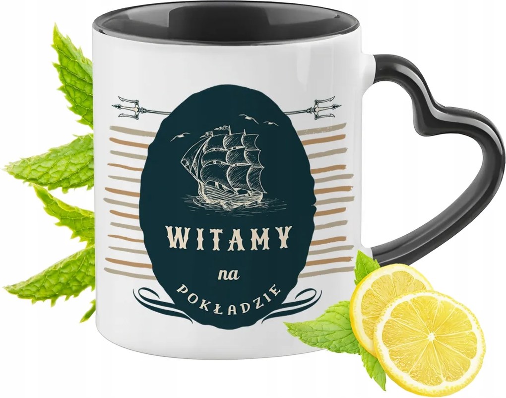 Munkahelyi üdvözlő bögre fekete, szív alakú füllel Ajándék