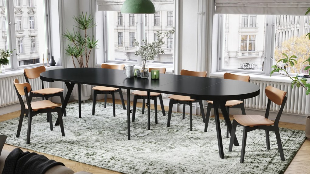 Mazzoni EXPANSO Fekete Matt/fekete lábak - LOFT/IPARI STÍLUSÚ 310 cm-re BŐVÍTHETŐ NAGY KEREK ASZTAL Ø110 Y LÁBAKKAL