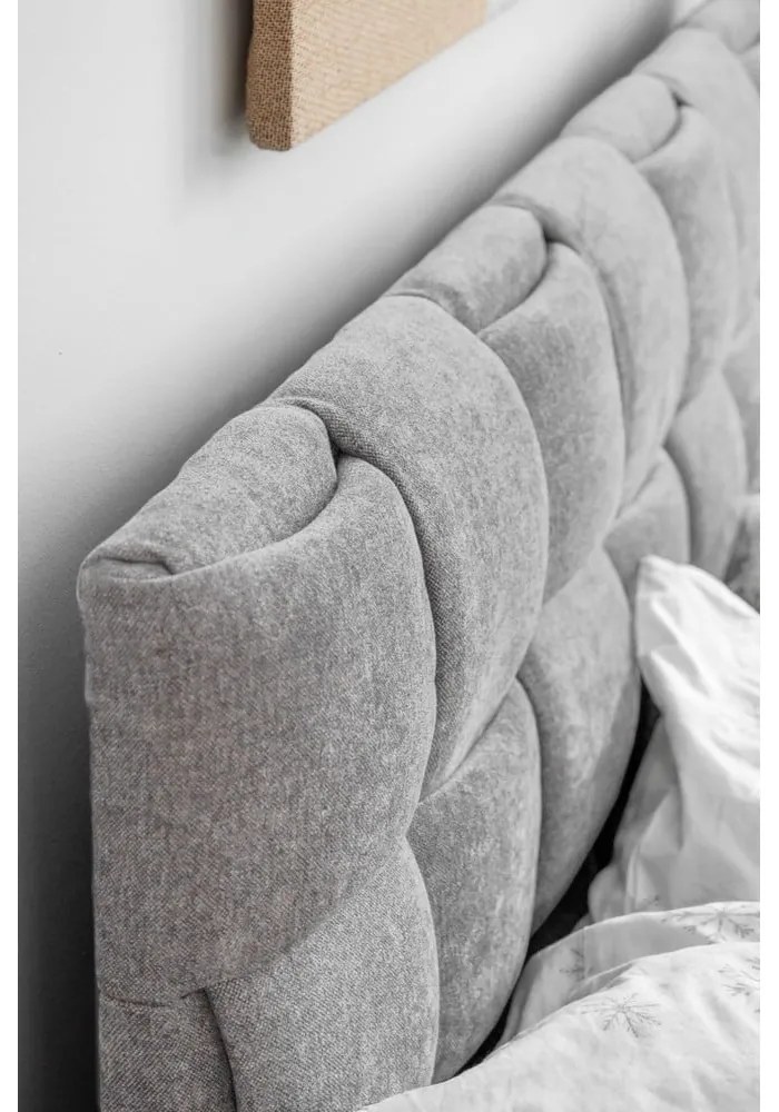 Világosszürke kárpitozott franciaágy ágyráccsal 160x200 cm Eve – Miuform