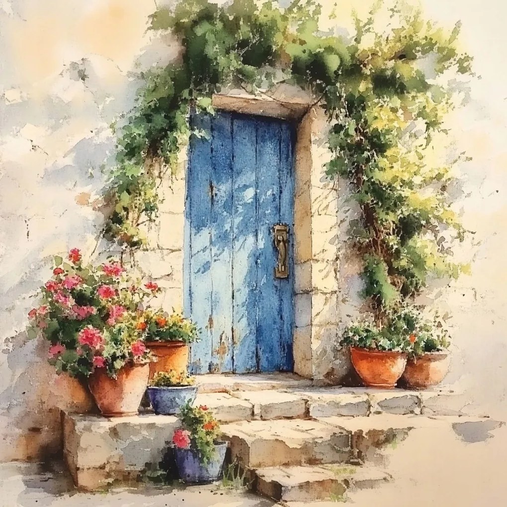 Vászonkép Canvas Tájkép Fal Kék Ajtó Virágok 40x40