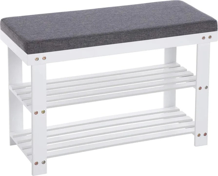Bambusz cipőpad,2 polcos cipőtároló pad, fehér és szürke 71 x 29 x 49 cm
