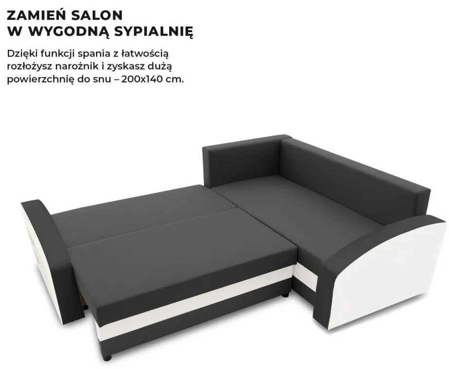 Grande sarokkanapé polcokkal , polc a bal karfaban, jobboldali, szövet anyag, hab töltet, szürke - fehér