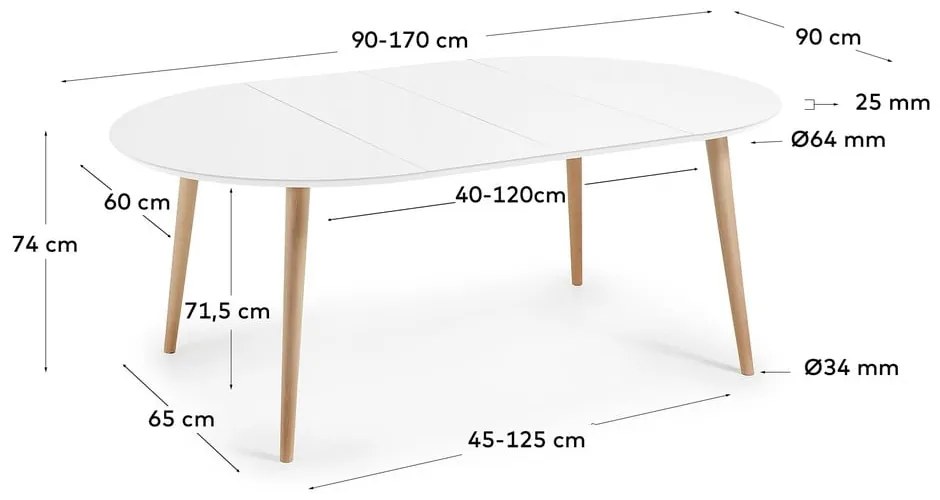 Fehér kerek bővíthető étkezőasztal fehér asztallappal ø 90 cm Oqui – Kave Home