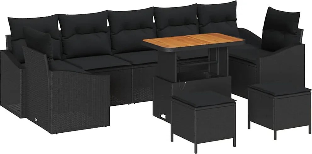 vidaXL Kerti Kanapé Szett párnával tárolóval 10 pcs Fekete Poli rattan