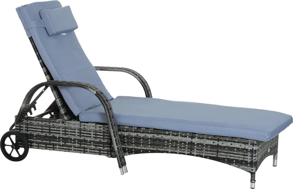 Outsunny Rattan Napozóágy 5-Fokozatú Állítható Támlával, Párnával, Kerekekkel, 160 kg Terhelhetőségű Fekvőszék Kertbe, 200x73x30-103cm, Szürke | Aosom