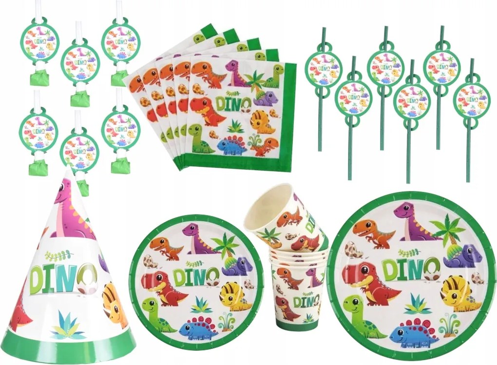 Dino Dinoszaurusz Bögre Szett Tányérok 18 23cm Szalvéta Sípok Szívószálak Sapkák