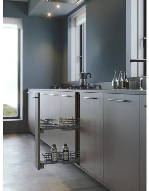 Konyhai fémrács, 200mm, bal oldalra szerelhető, antracit, teljes kihúzás, csillapított záródás, rejtett fióksín, 2 kosár SIGE, Infinity Line 002