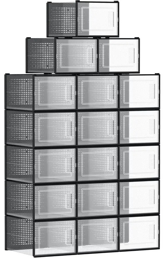 Cipősdobozok, 18 darabos szett, műanyag cipőrendezők 46-os méretig, átlátszó/fekete