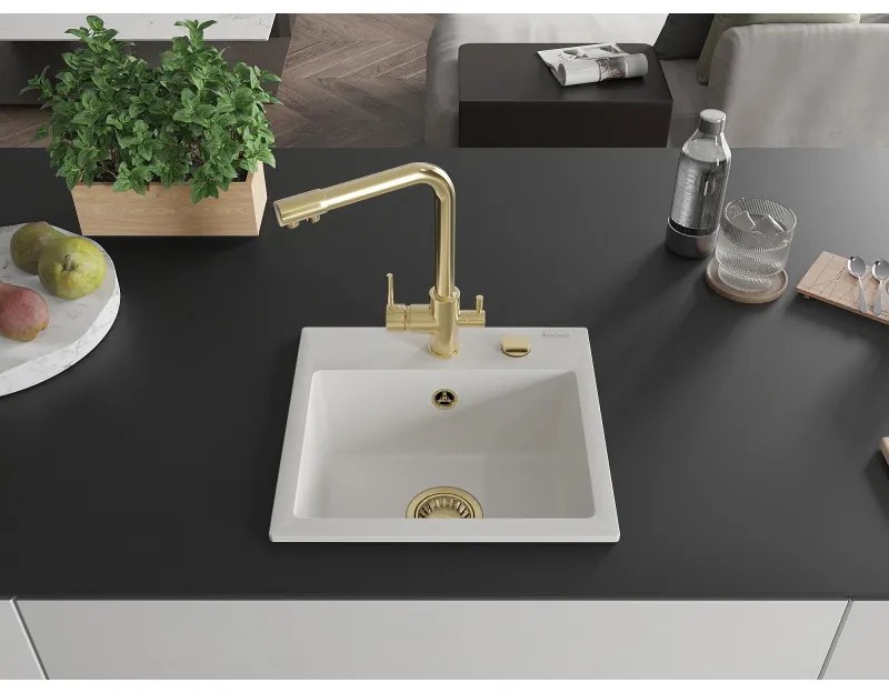 Mexen Milo, gránit mosogató 435x410x171 mm, 1 kamrás és arany Duero csaptelep, fehér, 6505-20-671600-50