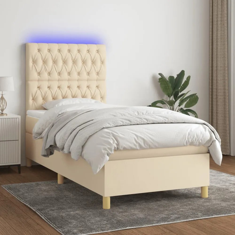 krémszínű szövet rugós és LED-es ágy matraccal 80 x 200 cm