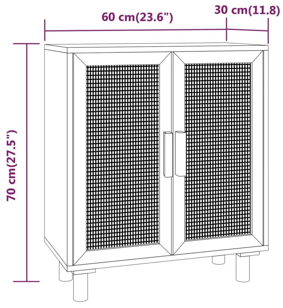 fekete tömör fenyő/természetes rattan tálalószekrény 60x30x70cm