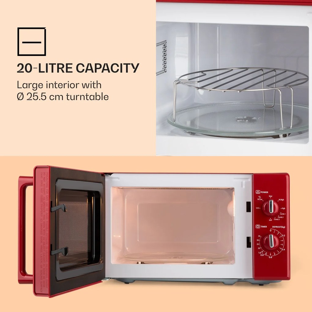 Klarstein Caroline, mikrohullámú sütő, 20 l, 700/1000 W, Ø 25.5 cm, QuickSelect, retró, piros