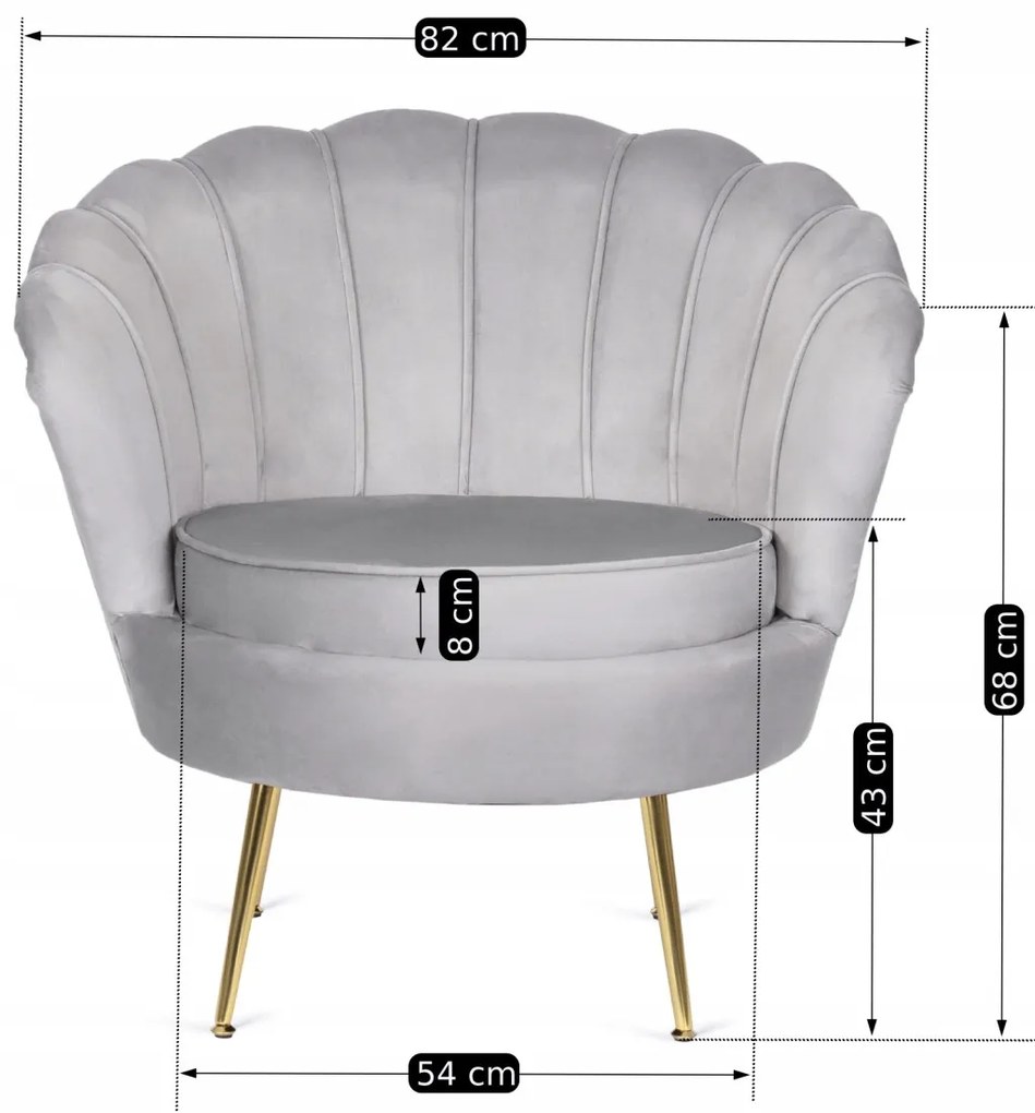 Elegáns Fotel Szürke Bársony Kárpittal, Aranyszínű Lábakkal. ANGEL