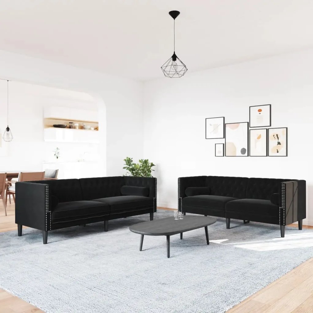 2 részes fekete bársony Chesterfield kanapészett párnákkal