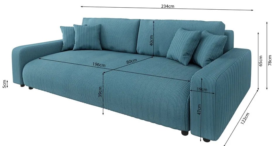 Türkiz kordbársony kinyitható tárolóhelyes kanapé 234 cm Sara – Ropez