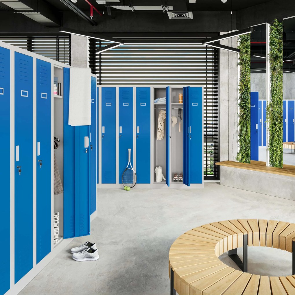 Pléh öltözőszekrény talpazaton, négymodulos, polcokkal KACPER II, 600 x 1800 x 500 mm, kék