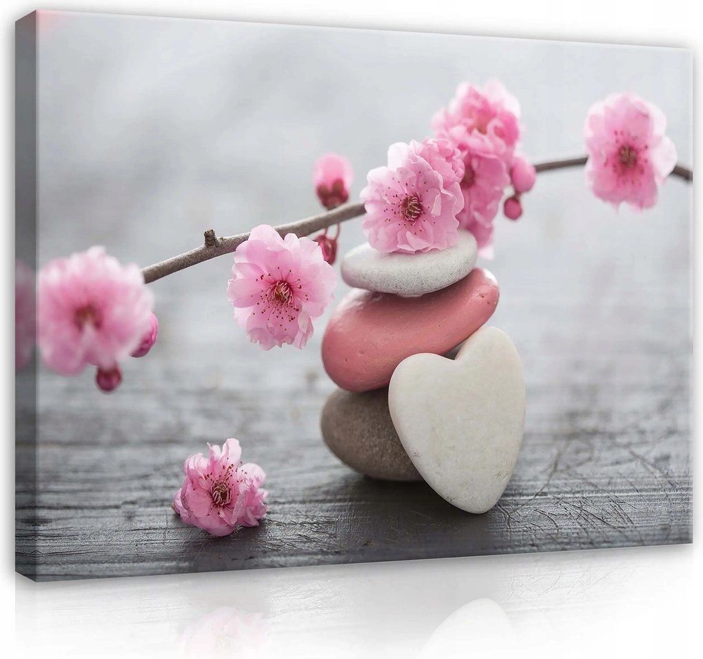 Vászonkép 80x60 Kövek Cseresznyevirágok Ág Egyensúly Nyugalom Harmónia Zen