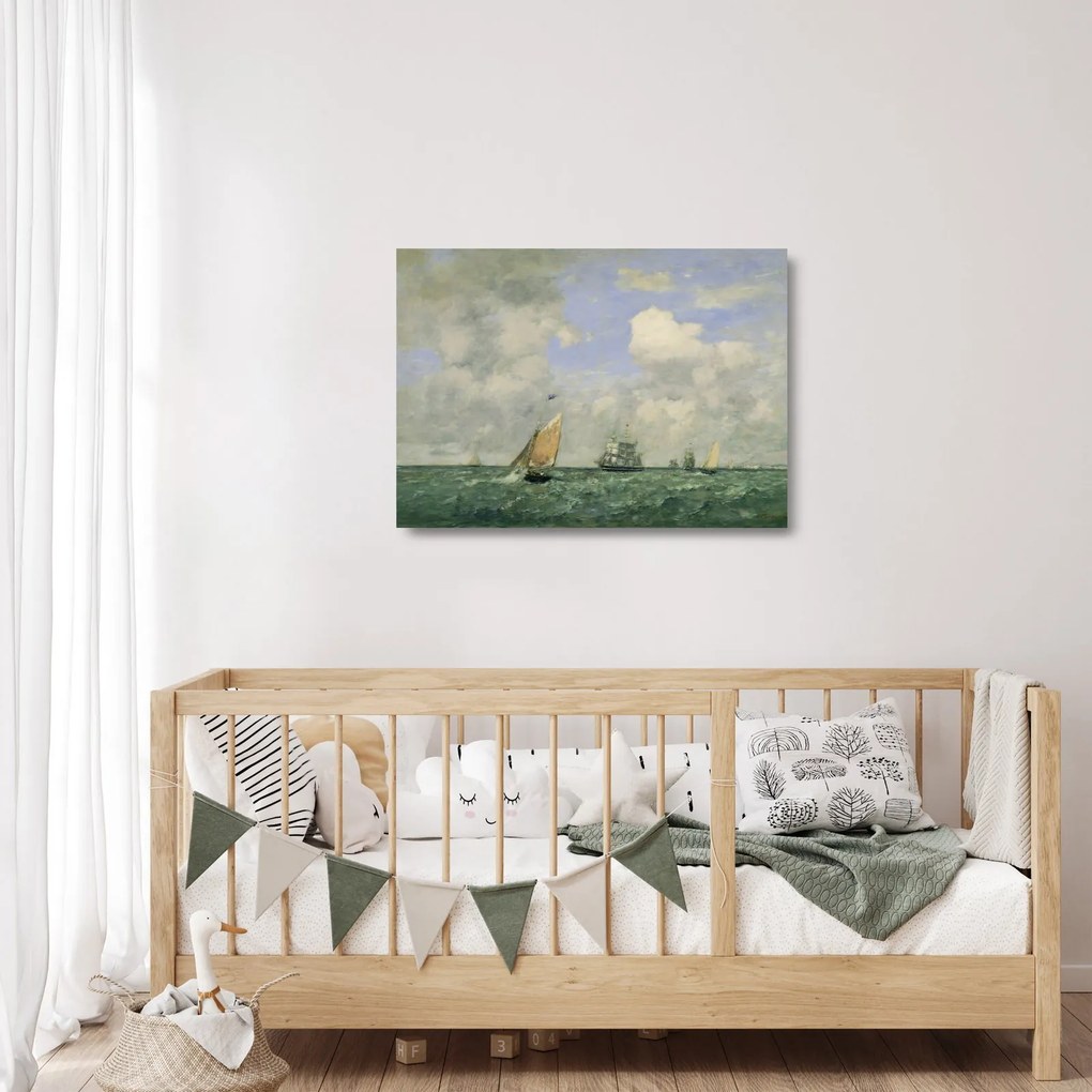 Üveg kép - Eugène Boudin, Ships and Sailing Boats Leaving Le Havre, reprodukciók (70x50 cm)