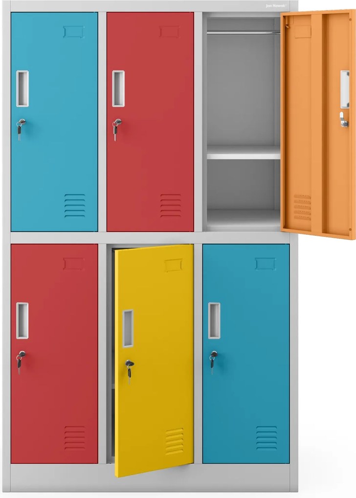 Iskolai szekrény szürke-többszínű: 6 rekeszes IGOREK, 900 x 1500 x 450 mm