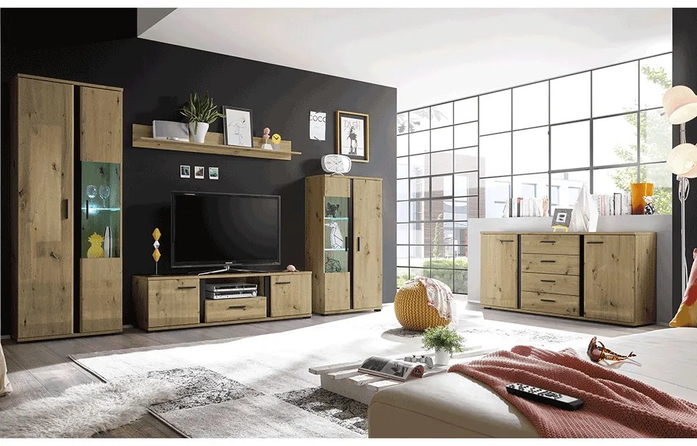 Nappali fal/szekrénysor, artisan tölgy/fekete, KANODE