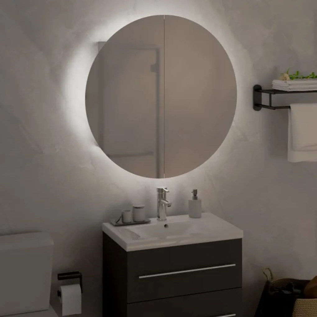 fehér fürdőszobai szekrény kerek tükörrel/LED-del 47x47x17,5 cm