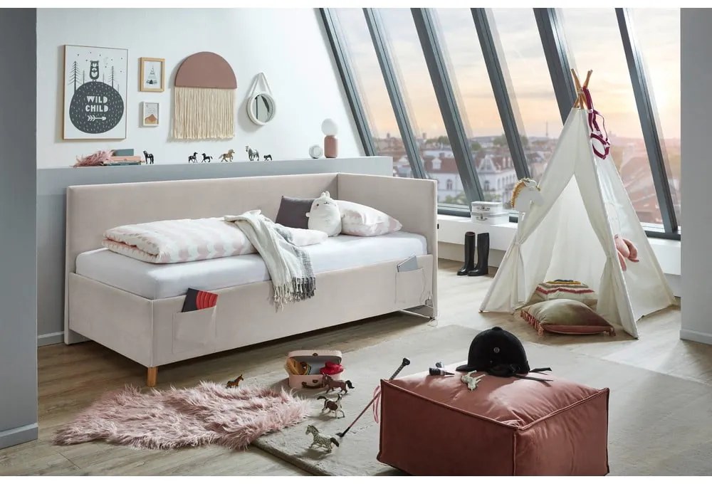 Bézs kárpitozott ágyneműtartós sarok gyerekágy ágyráccsal 90x200 cm Cool – Meise Möbel