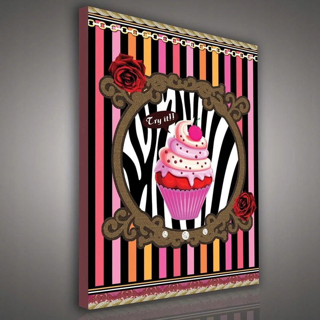 Vászonkép 75x100 muffin desszert édes csíkos zebra rózsa virágos rózsaszín fekete