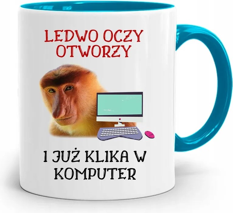 Bögre Kék Hordozó Janusz Alig Nyitja Ki A Szemét fényképes nyomattal