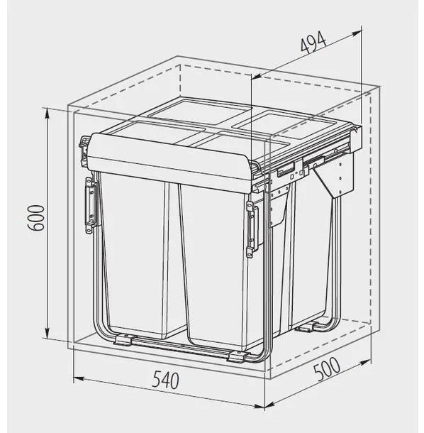 Hulladékgyűjtő GTV Practi Eco 600, szelektív, frontkihúzású, lágy záródás, 2*34 L edénnyel, fedéllel