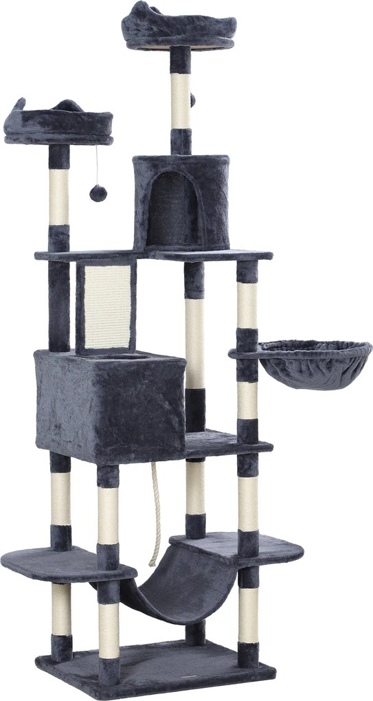 PawHut Nagy Macska Kaparófa 206 cm Magasságú Macska Fa Fészek Platformokkal, Barlangokkal, Függő Labdákkal és Hintaágyakkal Sötétszürke | Aosom