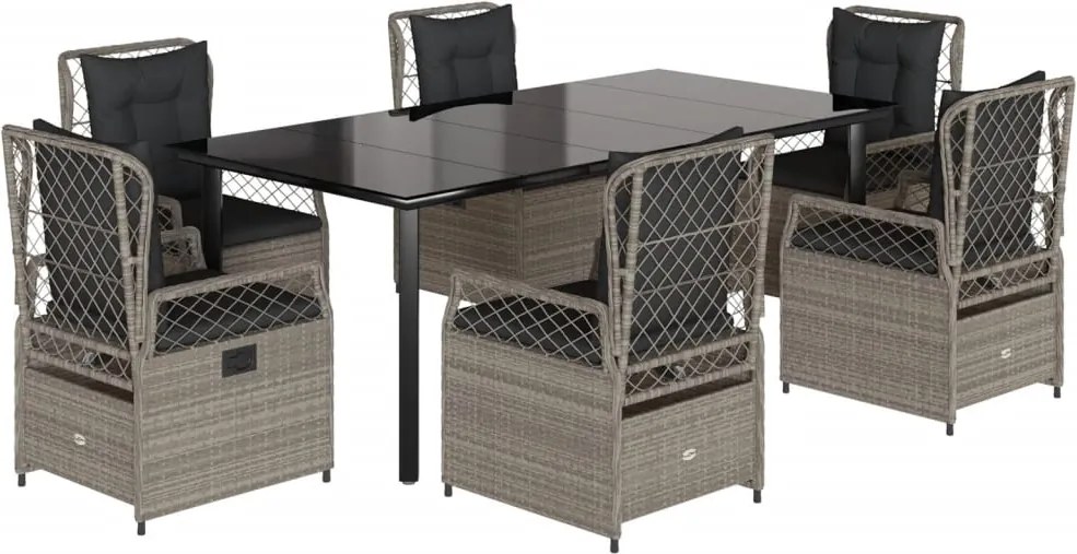 vidaXL 7 részes világosszürke polyrattan kerti étkezőszett párnával