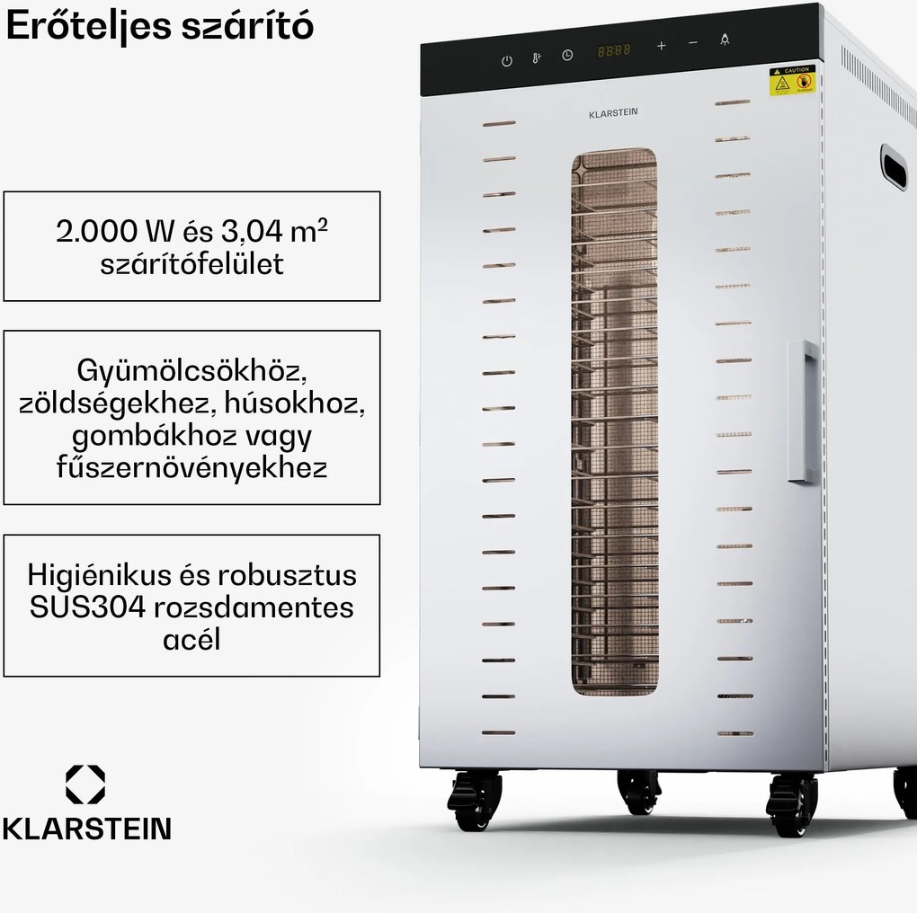 Klarstein MasterJerky 300 szárító, 2 000 W, 30 - 90 °C, 24 órás időzítő, rozsdamentes acél