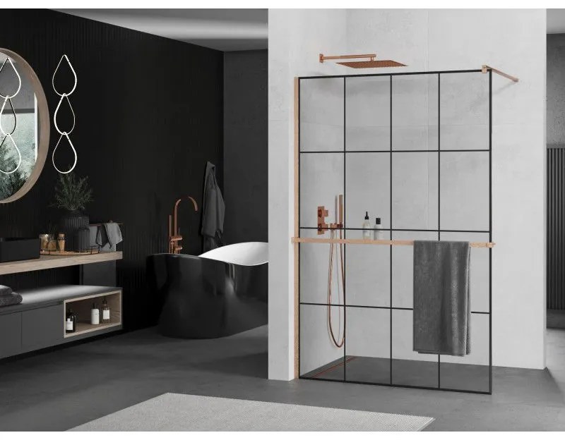 Mexen Kioto+, Walk-In zuhany paraván polccal és akasztóval 130 x 200 cm, 8 mm átlátszó üveg fekete mintával, réz matt profil, 800-130-121-65-77