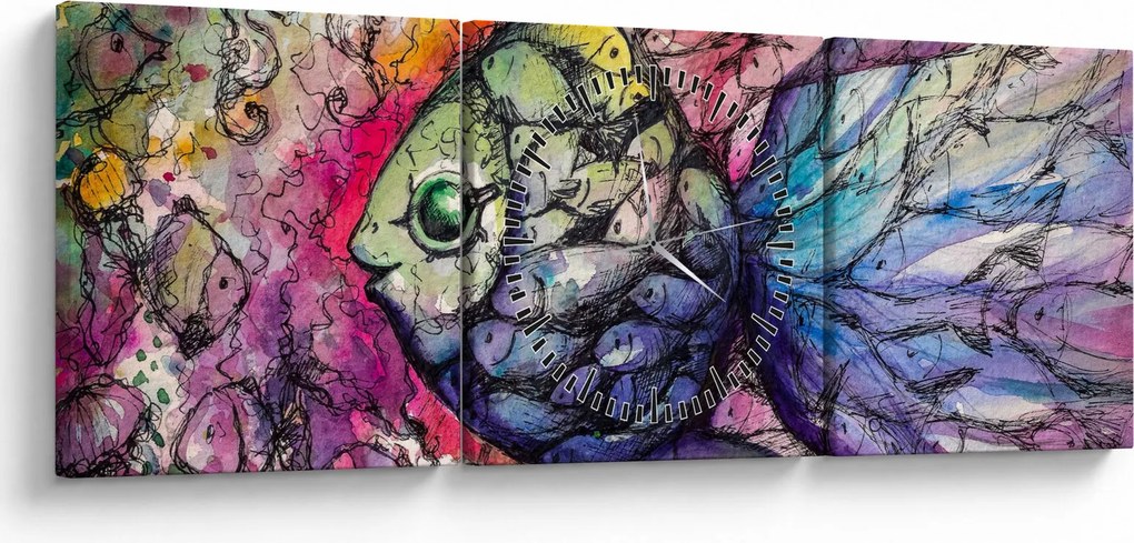 Kép - színes hal (órával) (90x30 cm)